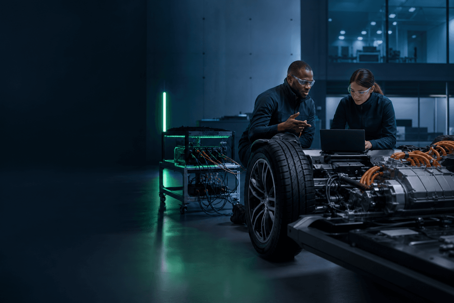 Automotive engineers working with an electric vehicle verification rig